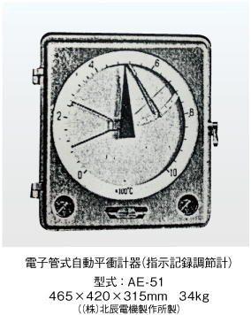 電子管式自動平衝計器（指示記録調節計） 型式：AE-51 465×420×315mm　34kg （（株）北辰電機製作所製）